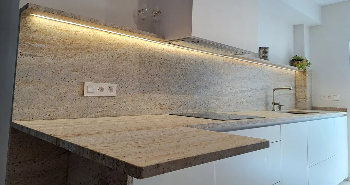 Close up of marble countertop with integrated sink in Vigo